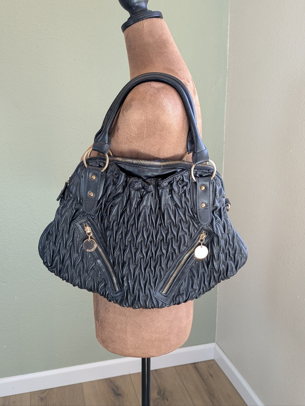 Vintage Y2K Rampage Black Ruched Leather Tote Bag with Gold Hardware